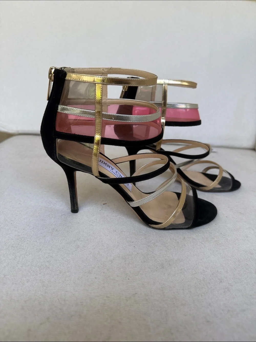 Jimmy Choo Gold, Black & Pink Strappy PVC Heels - Picture 2 of 5